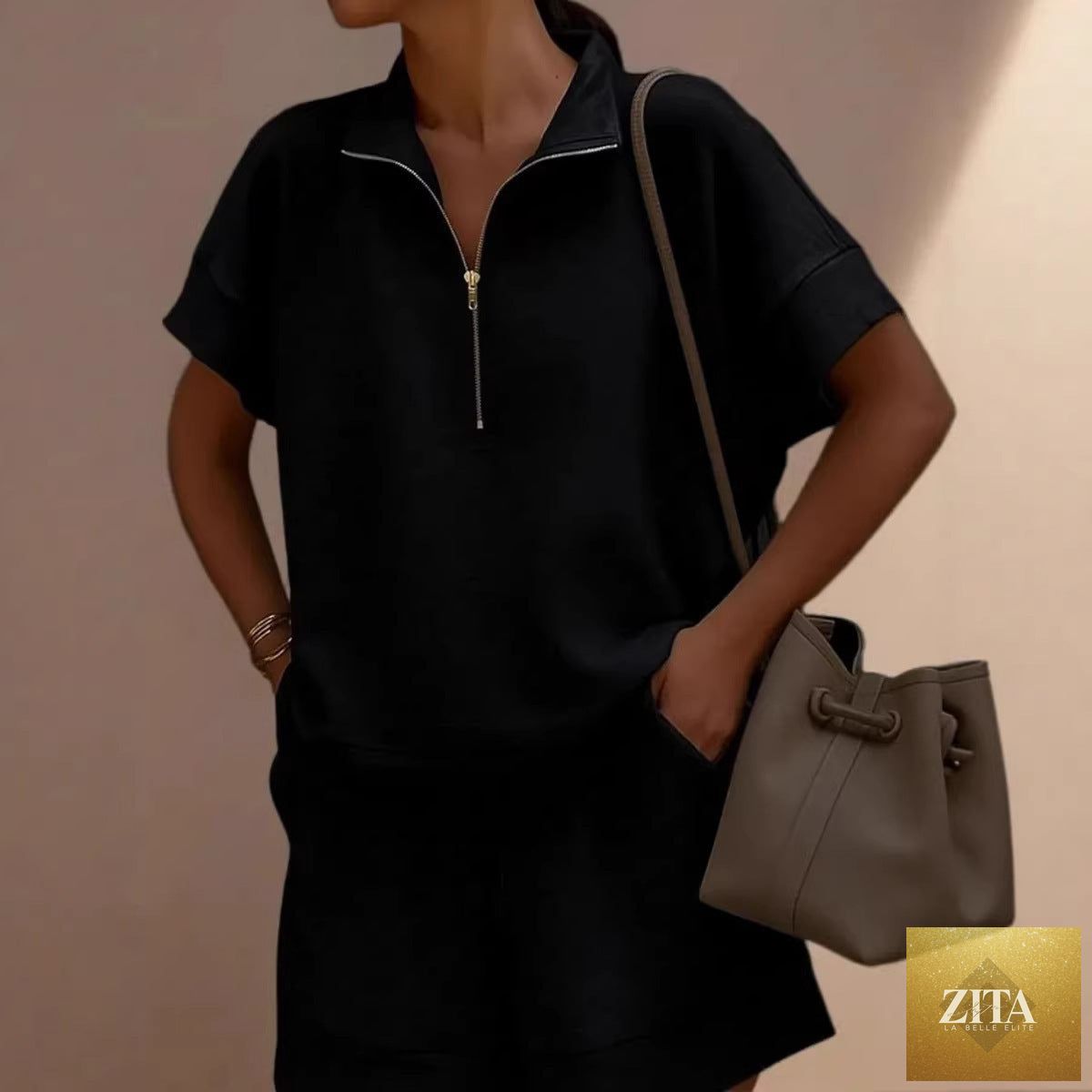 Zita La Belle Elite women's solid color casual sweatshirt and pants set, featuring a short top and matching bottoms.