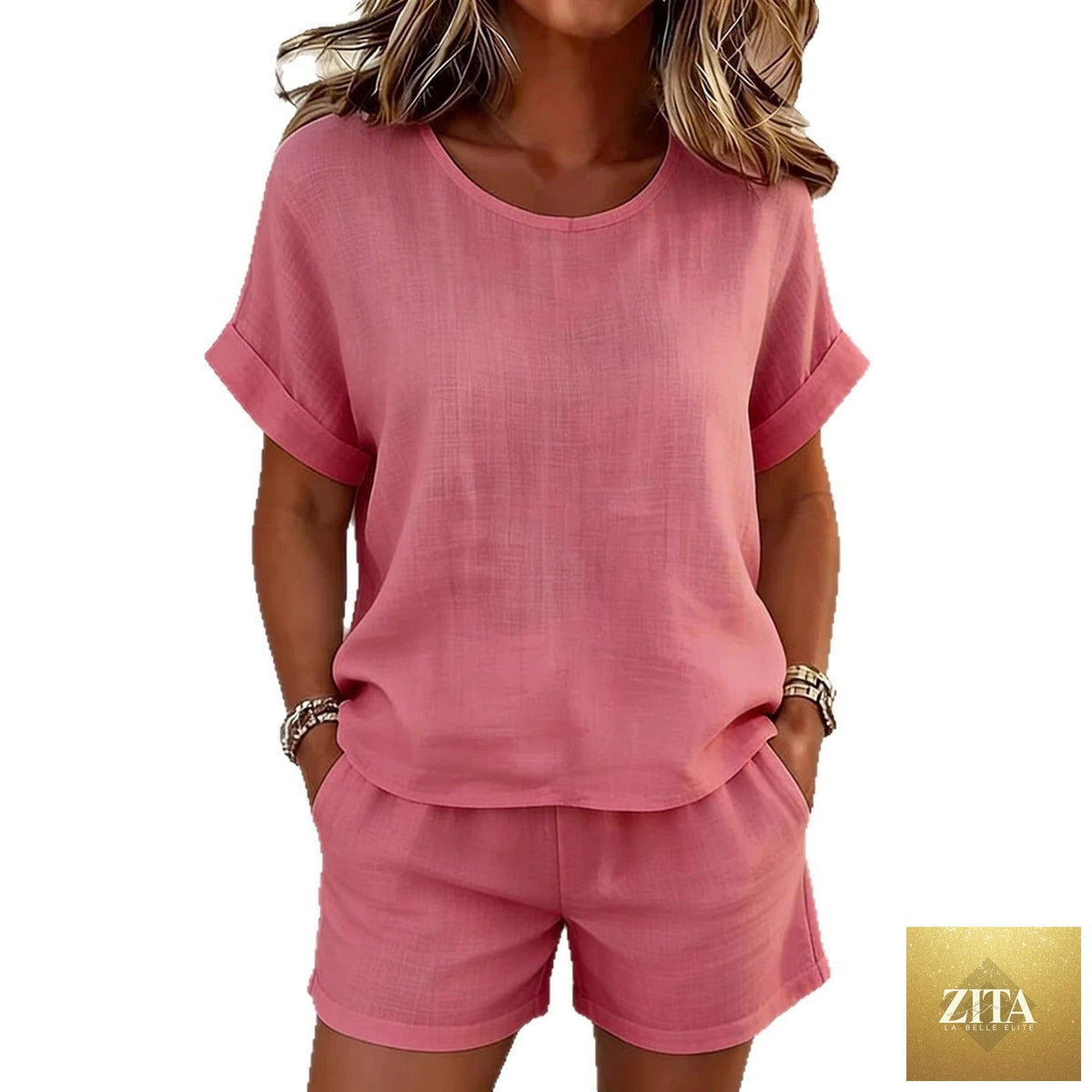 Zita La Belle Elite solid-color cotton linen T-shirt and shorts set in various colors, casualwear for comfortable everyday style.