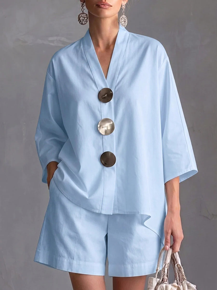 Women's Solid Color 3/4 Sleeve Top & Shorts Two-Piece Set