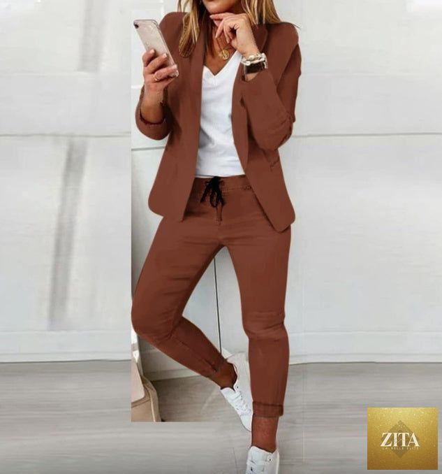 FitiqueFit lapel blazer and drawstring trousers two-piece OL suit in multiple colors, styled on a model.