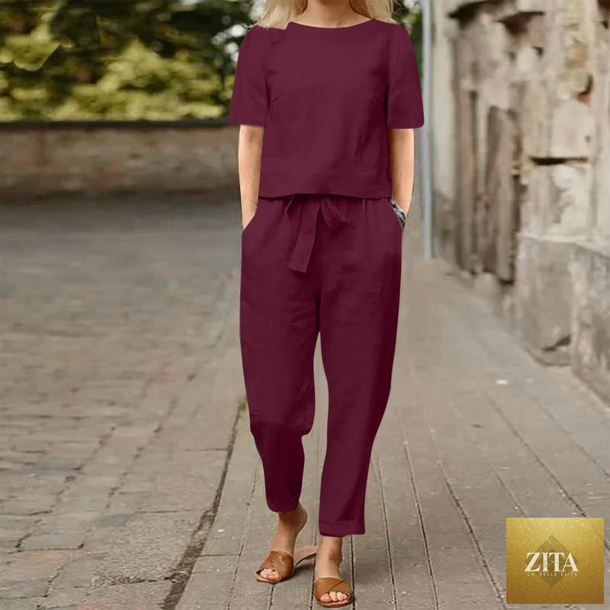 Zita La Belle Elite wide-leg pants two-piece set with solid color casual lounge suit, featuring relaxed fit pants and matching top.
