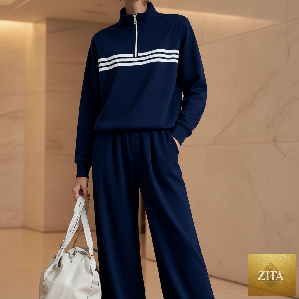 Women's Half-Zip Stripe Sweatshirt & Wide-Leg Pants Set