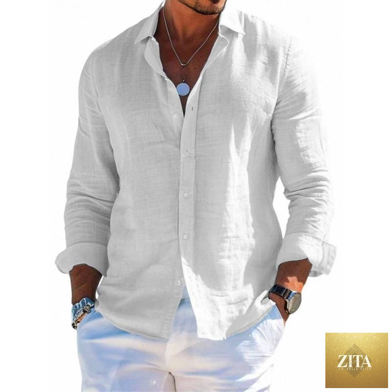 Mandotos men's casual long sleeve shirt with loose fit, solid color, lapel collar, button front, plus size blouse clothing