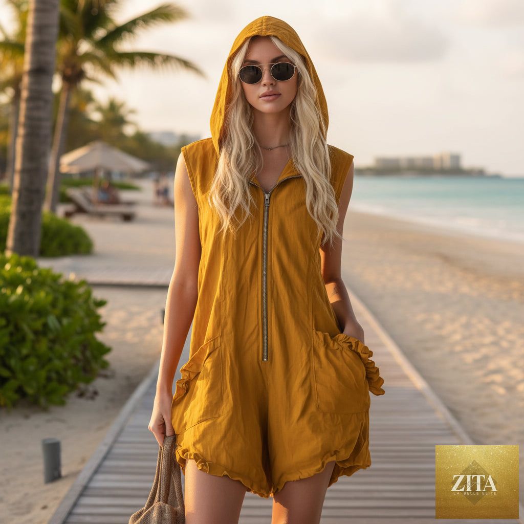 Zita La Belle Elite women's retro hooded sleeveless cropped zip-up jumpsuit displayed on a hanger.