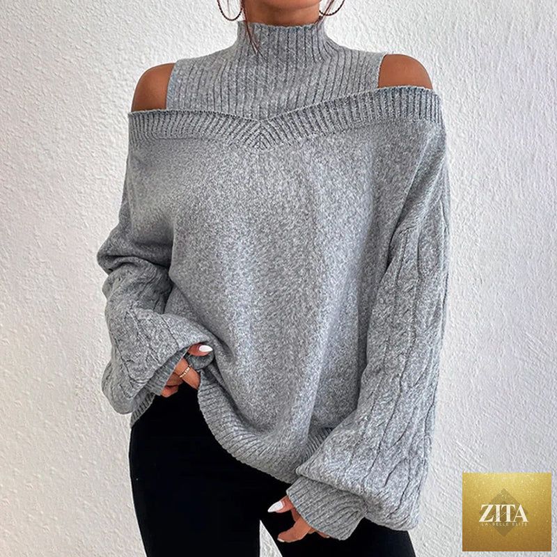 Women's cold shoulder sweater with high neck and cut-out design, long sleeves, by FitiqueFit, casualwear for stylish comfort.