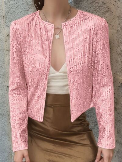 Stevvex women's full-size sequin cropped jacket with open front, glamorous sparkle, perfect for parties and special occasions.