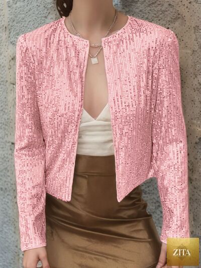 Elegant women's full-size sequin cropped jacket with open front, sparkling glam design by Zita La Belle Elite.