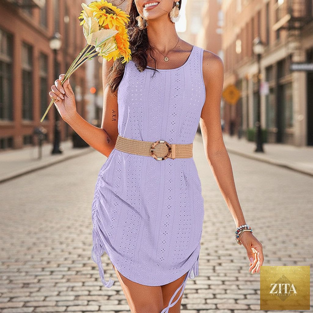 Women's sleeveless drawstring hollow-out mini dress by FitiqueFit, showcasing a casualwear style with a stylish open-back design.