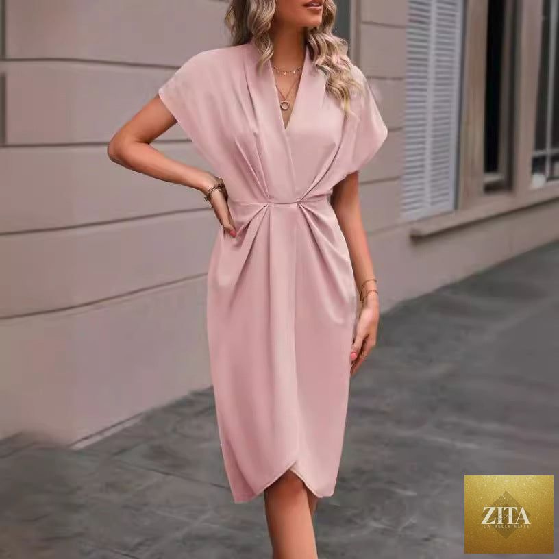 FitiqueFit pleated A-line midi dress with v-neck and sleeveless design, perfect for summer occasions.