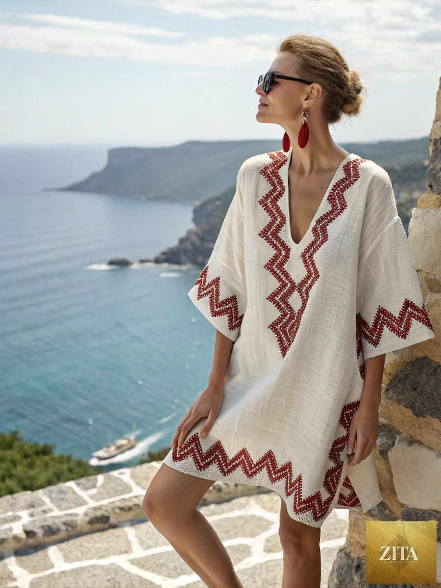 Women's printed loose A-line beach midi dress by Zita La Belle Elite, featuring vibrant tropical patterns and flowy fabric.