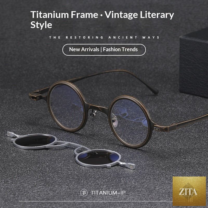 Pure titanium small round sunglasses by FitiqueFit featuring retro luxury style eye wear with sleek round frames.