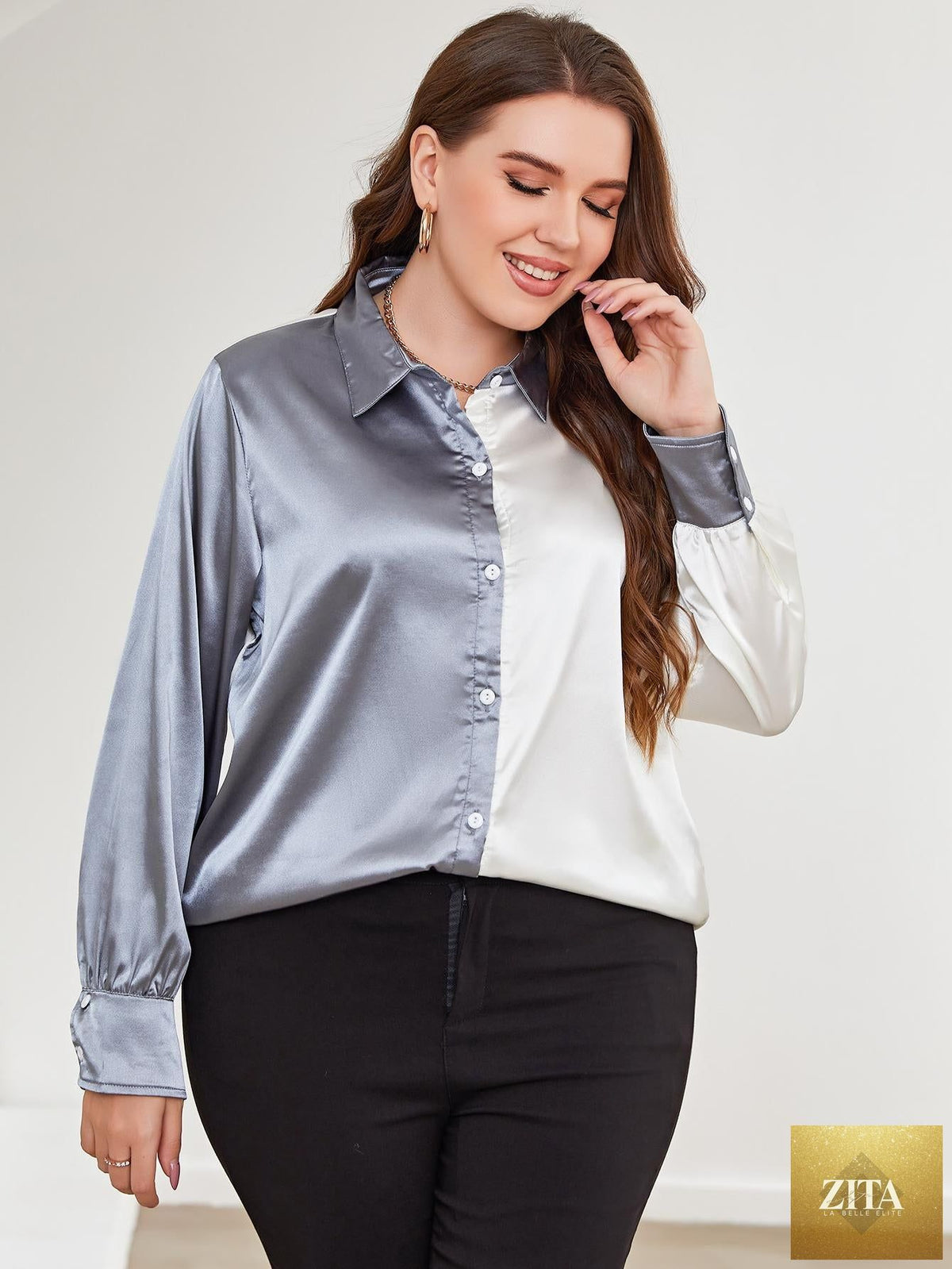Plus size two-tone long sleeve shirt from Zita La Belle Elite, featuring contrasting colors and a comfortable fit.