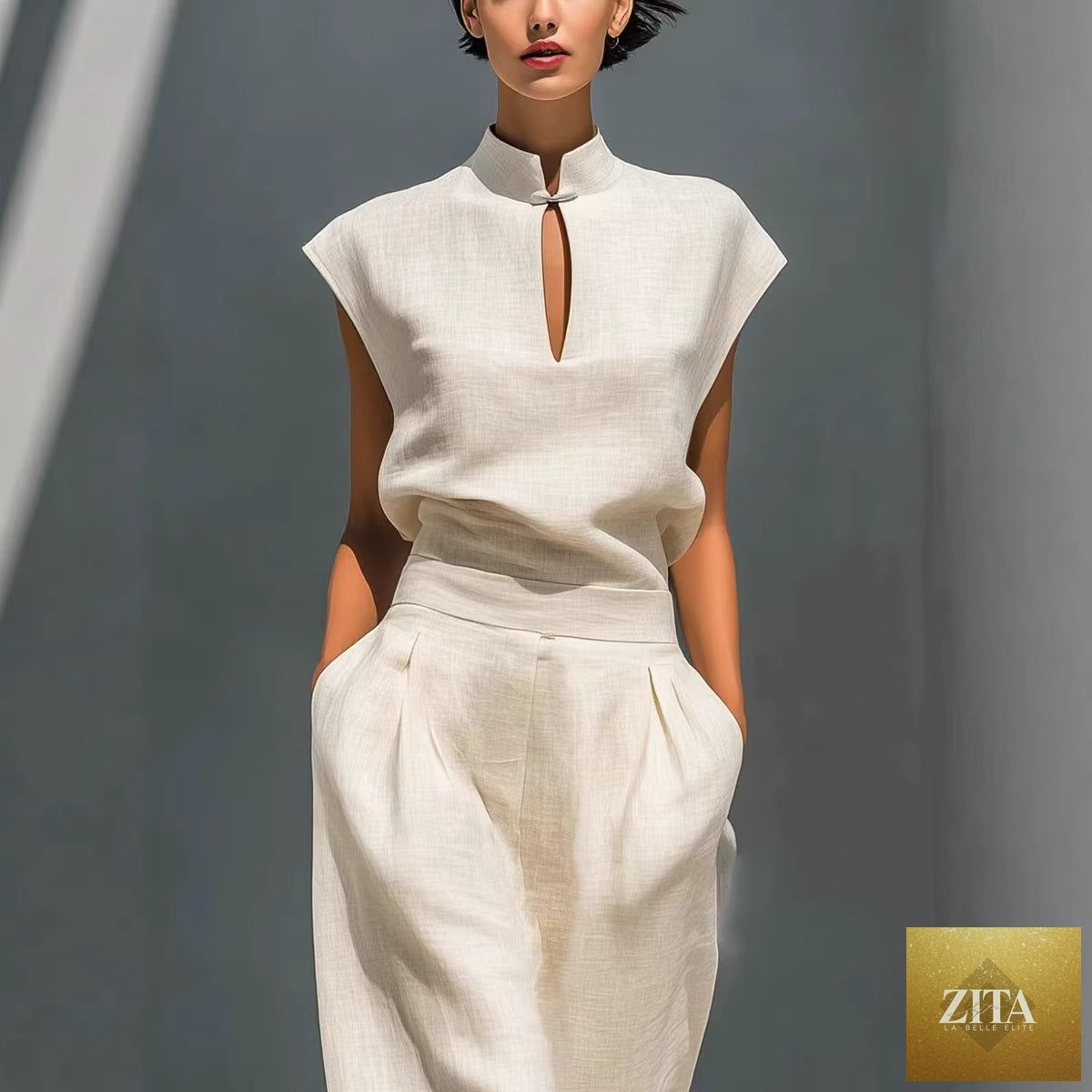 Women's Chinese-style satin short-sleeve top and pants set by Zita La Belle Elite, casualwear with elegant design and smooth fabric.