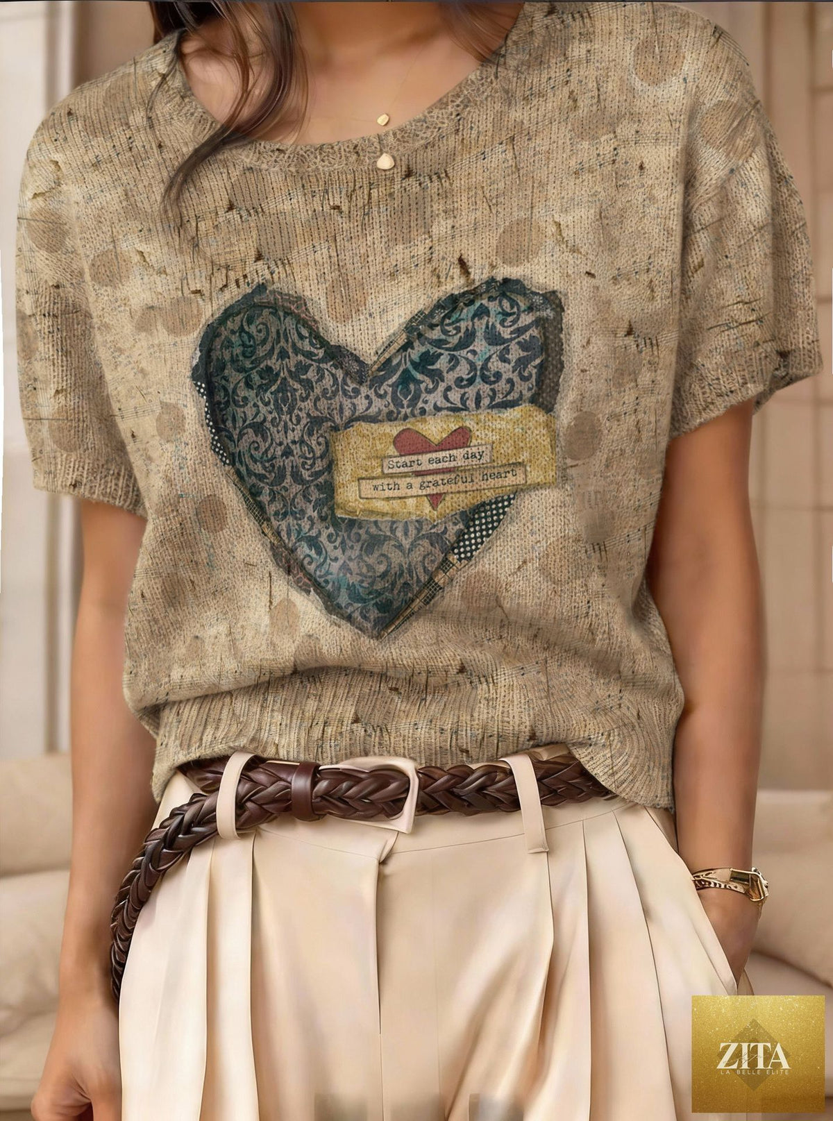 Women's retro short-sleeve jacquard knit top by Zita La Belle Elite, featuring a textured pattern and casual style.