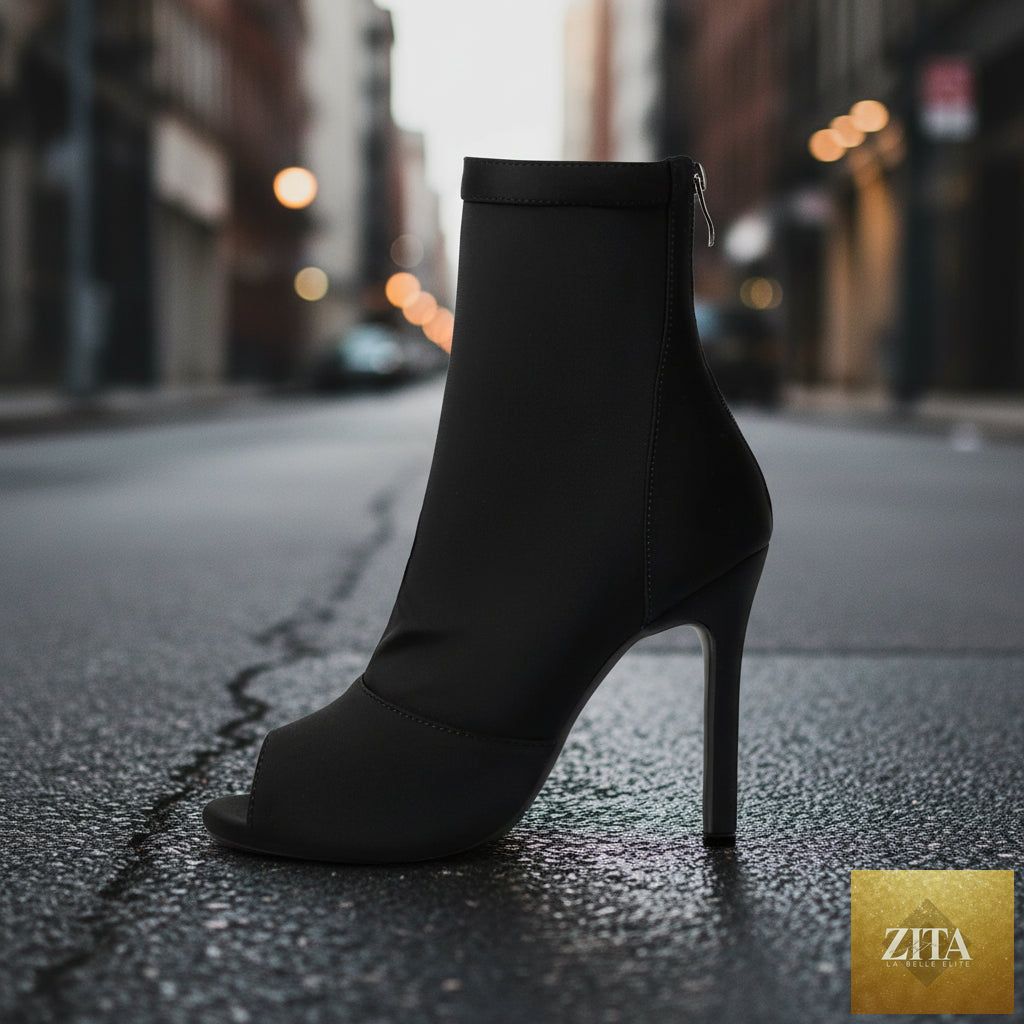 Women’s peep toe stiletto boots by FitiqueFit featuring high heel fishmouth design, stylish footwear for fashionable looks.