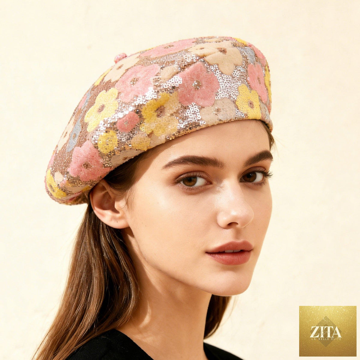 Zita La Belle Elite sequin flower beret with colorful sequins and floral embellishments, stylish painter's hat for women.