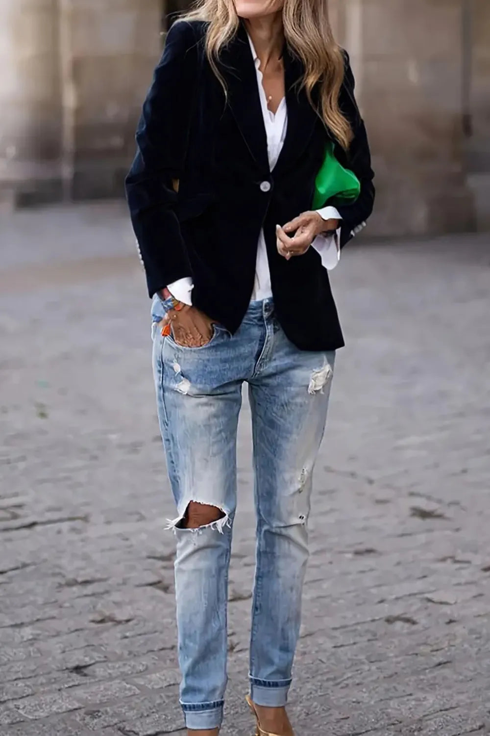 Women's casual blazer with one-button lapel collar and long sleeves, by FitiqueFit, styled for a modern, relaxed look.