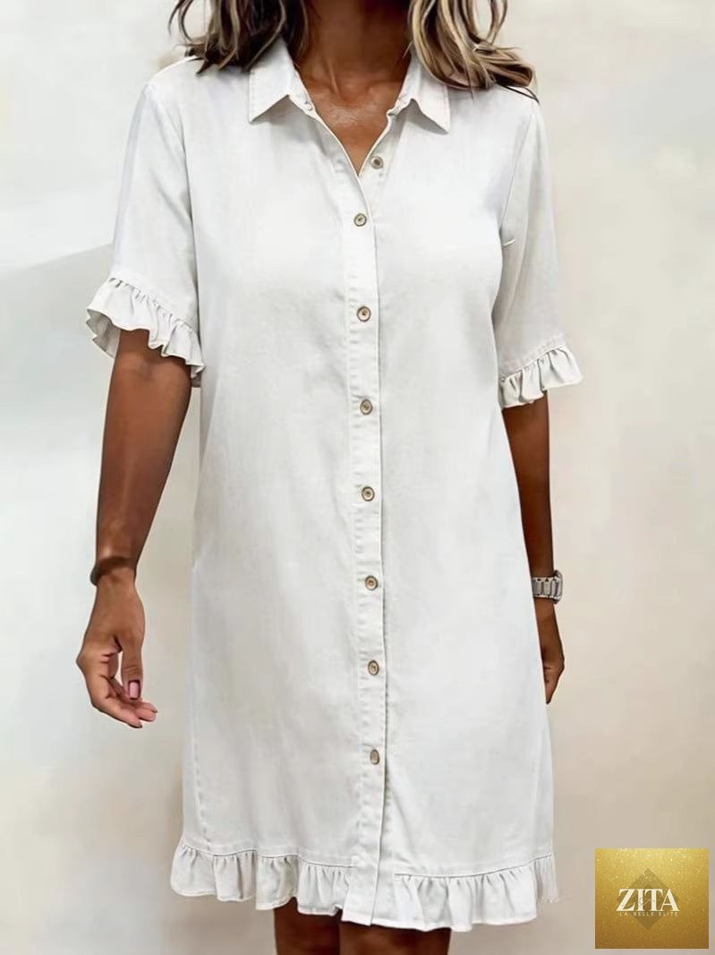 Women's faux denim ruffle-sleeve shirt dress by Zita La Belle Elite, featuring a casual denim style with ruffled sleeves and button front.