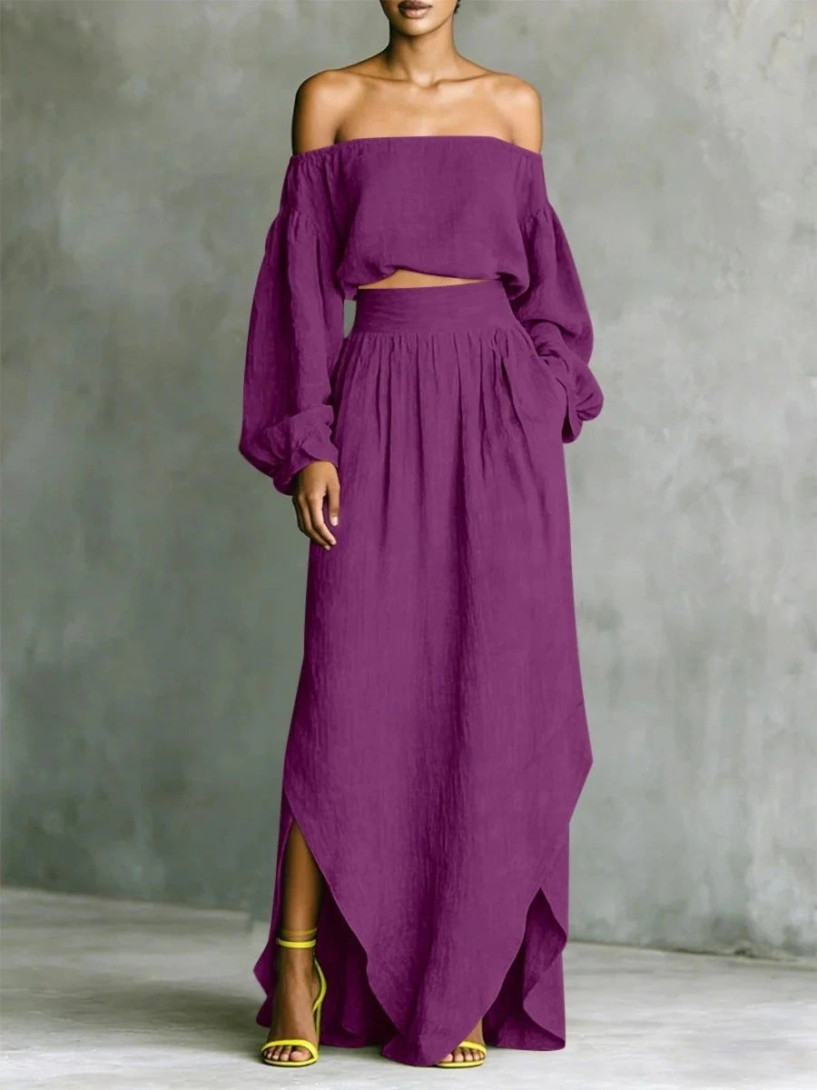 FitiqueFit women's casual off-shoulder top and asymmetrical maxi skirt set, featuring flowy fabric and stylish design.