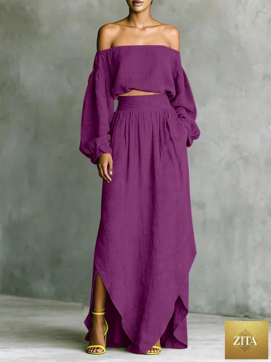 Zita La Belle Elite women's off-shoulder top and asymmetrical maxi skirt set, casualwear, stylish two-piece outfit, neutral colors.