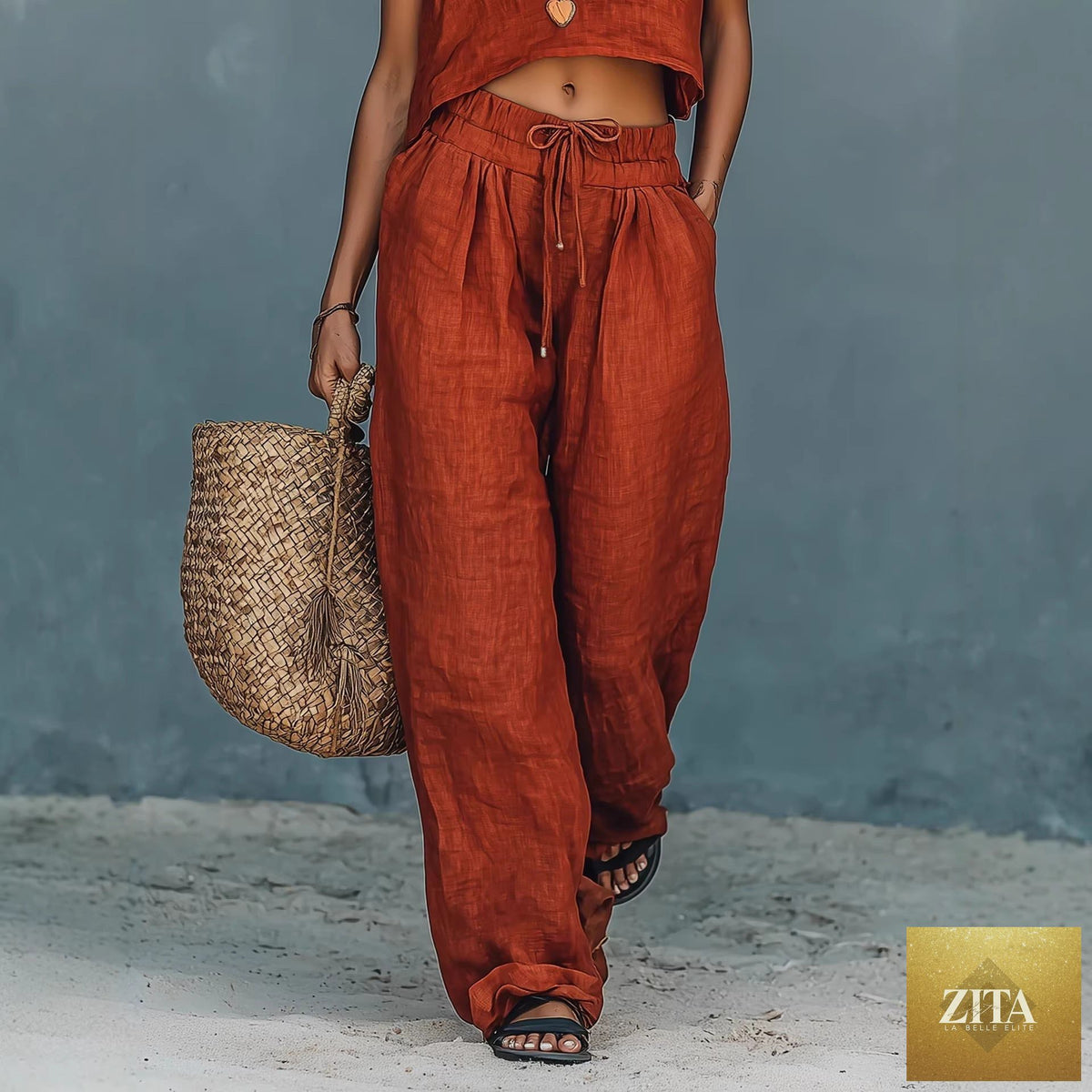 Women’s linen blend sleeveless tank top and wide-leg pants set by FitiqueFit, casual summer two-piece outfit.