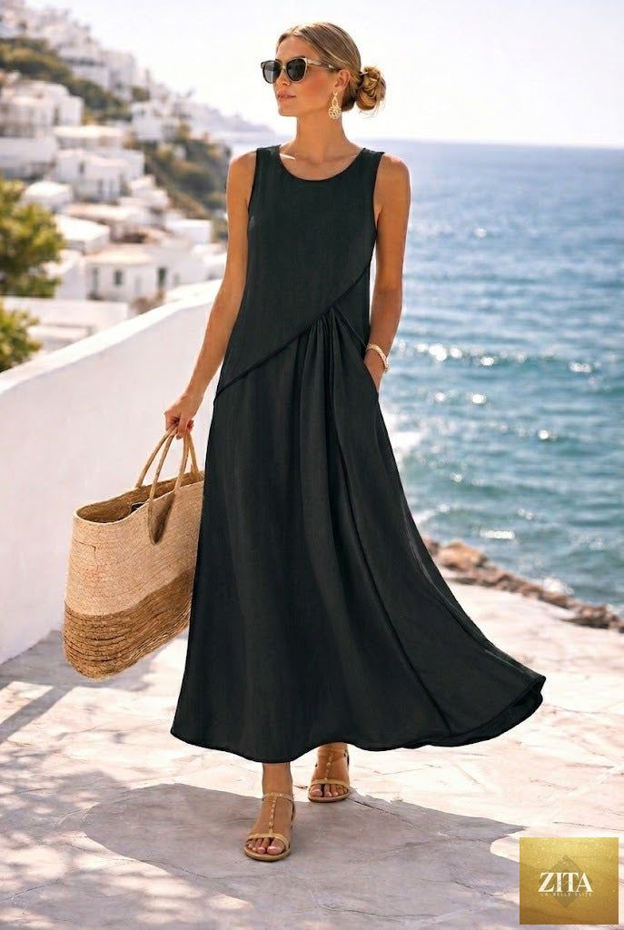 Mediterranean contrast color vacation dress by FitiqueFit in size S-3XL, casualwear with vibrant color block design.