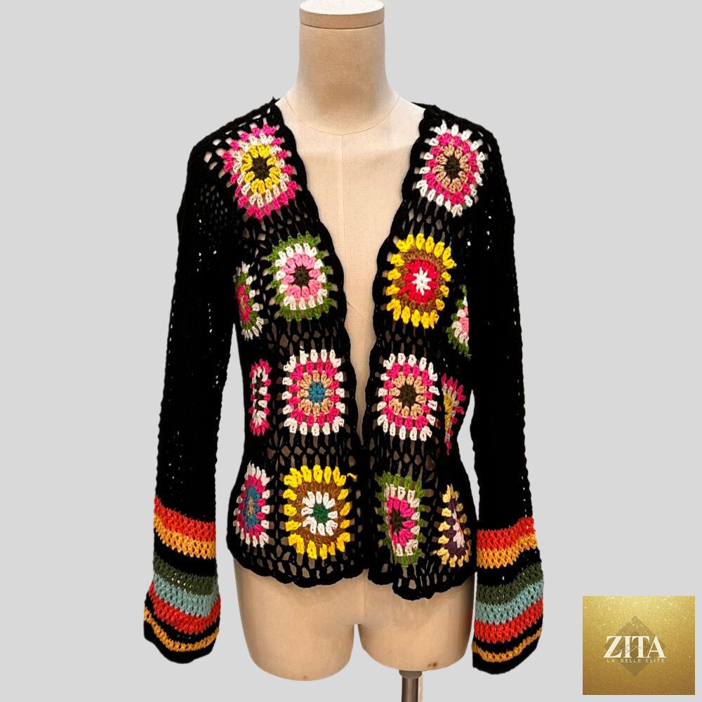 Hand-crocheted floral cardigan sweater by FitiqueFit, boho open-front knit top with colorful floral patterns, casualwear for women.
