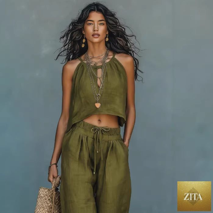 Women's linen blend sleeveless tank top and wide-leg pants set by FitiqueFit, casual summer two-piece outfit, light and comfortable.
