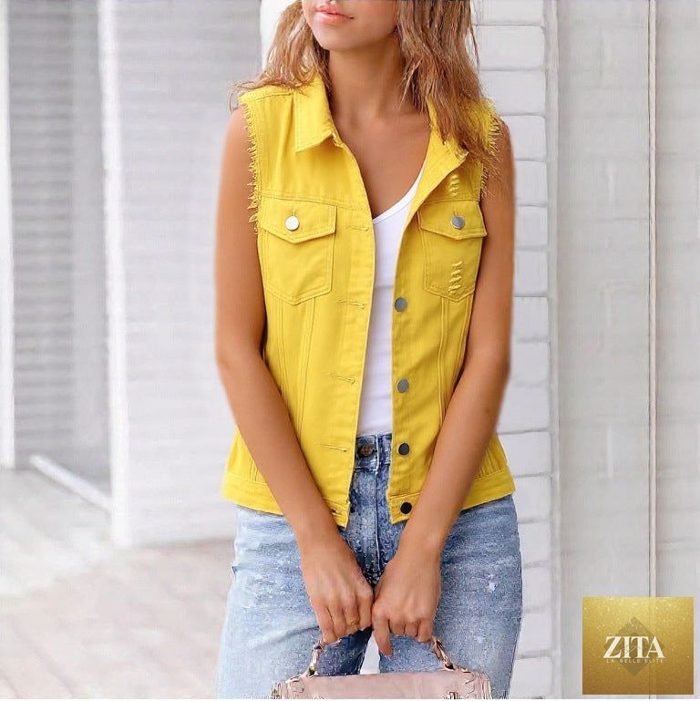 Women's colorful denim-style vest jacket by Zita La Belle Elite, casual spring and summer wear, featuring vibrant patchwork design.