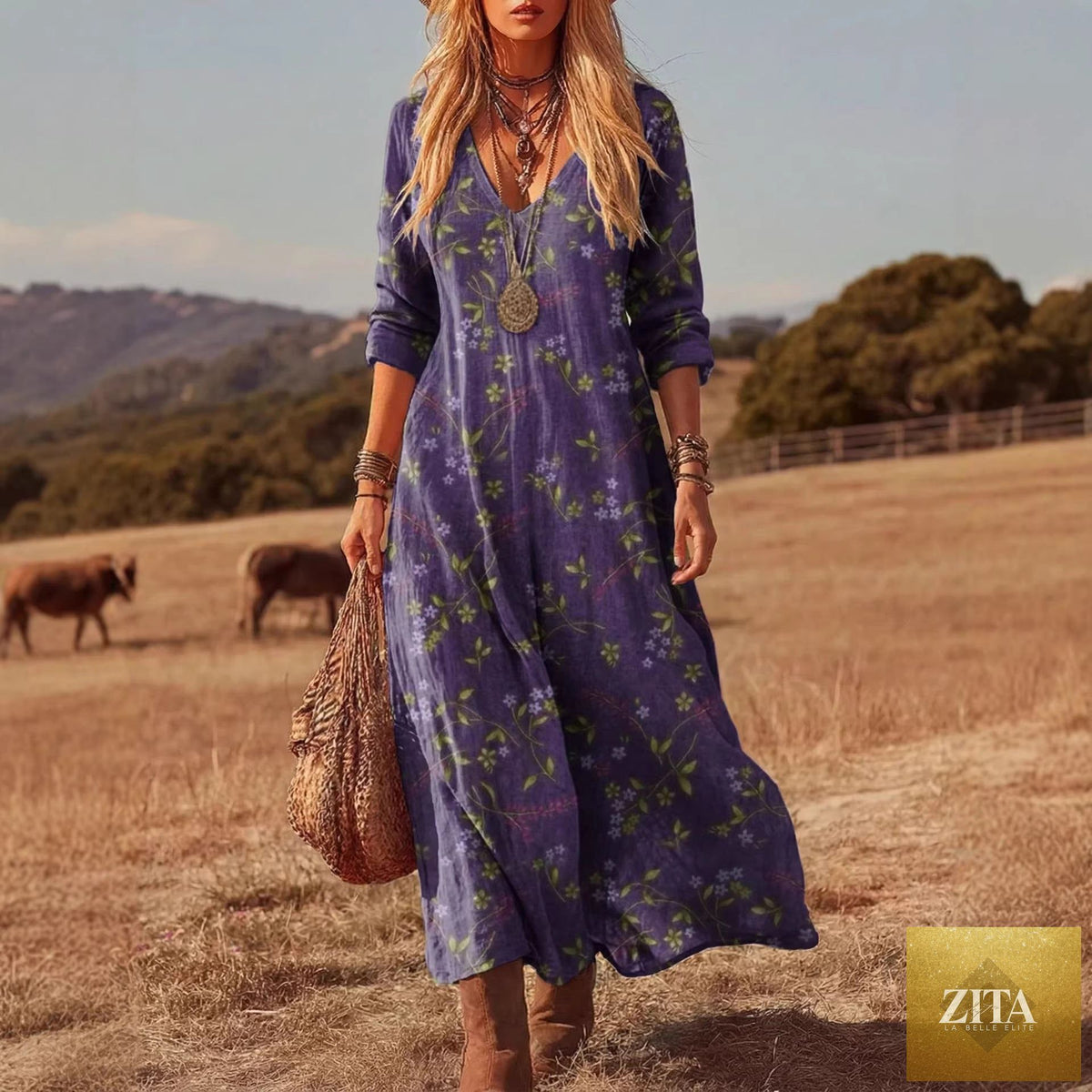 Women's retro chic A-line dress with 3D print and V-neck, long sleeves, by Zita La Belle Elite, casualwear style.