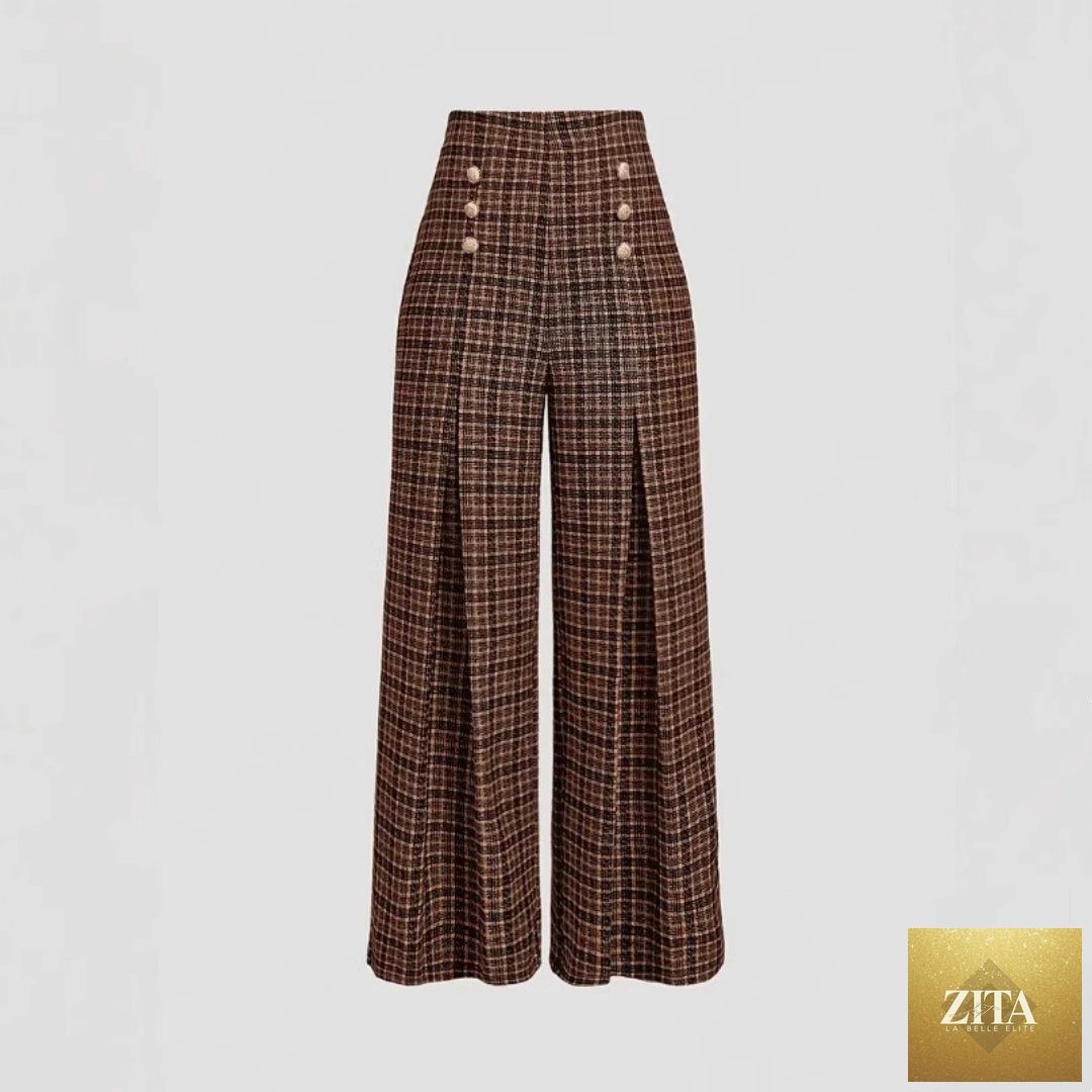 High-waisted plaid and striped retro pants by The Fashion Celestial, perfect for spring and summer commuter styles.