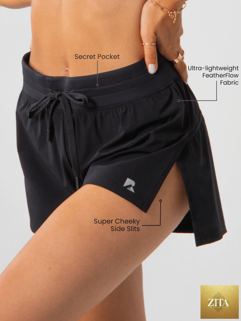 Black Cheeky Flyaway Shorts for women by Runner's Athletics, featuring lightweight, flowy fabric ideal for running and workouts.