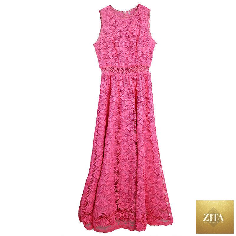 Zita La Belle Elite French Tea Break long hollow-out dress in soft fabric, featuring delicate cut-out details and a flowing silhouette.