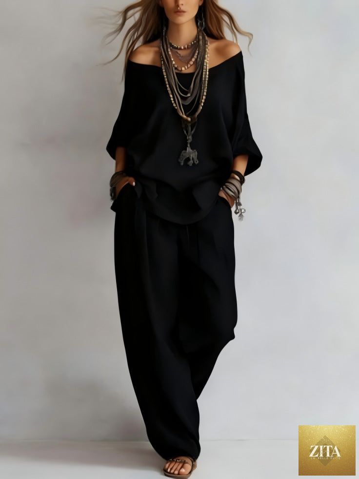 Women's off-shoulder top and wide-leg pants casualwear set by Zita La Belle Elite, featuring a stylish and comfortable outfit.