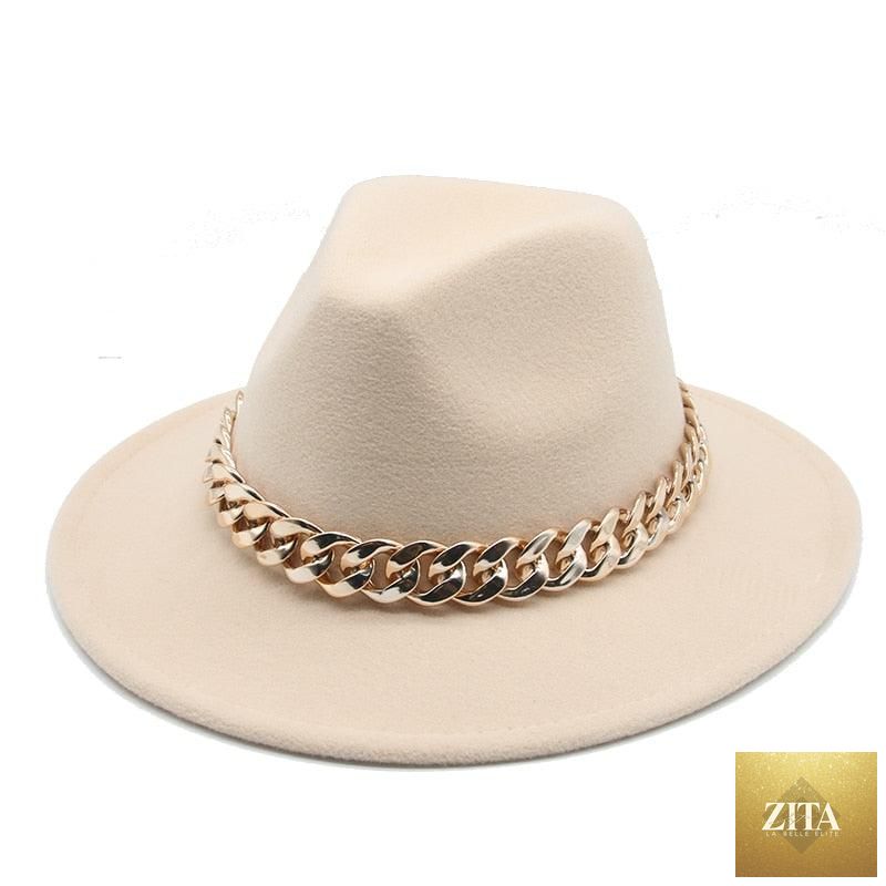 Stevvex wide brim fedora hat for women and men with gold chain buckle, vintage style, lightweight warm winter autumn accessory
