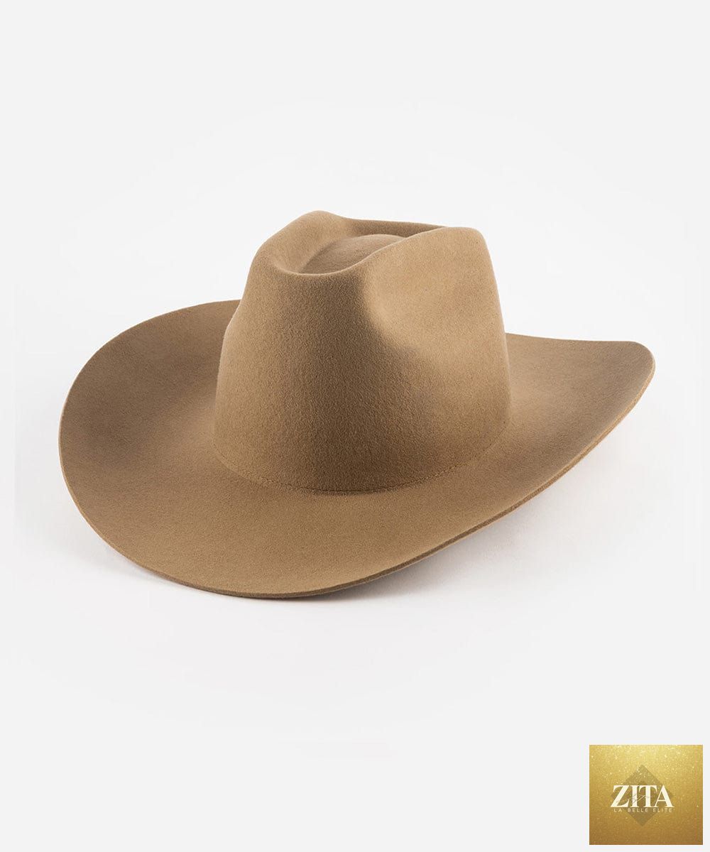 Brown felt Lane Cowboy Hat by GIGI PIP, showcasing a classic cowboy style with a curved brim and decorative band.