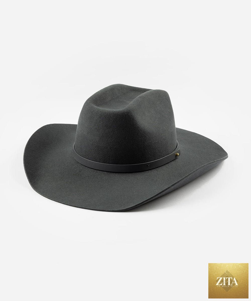 Dark grey felt Shane cowboy hat by GIGI PIP with a brick top, featuring a western style brim and classic cowboy hat design.