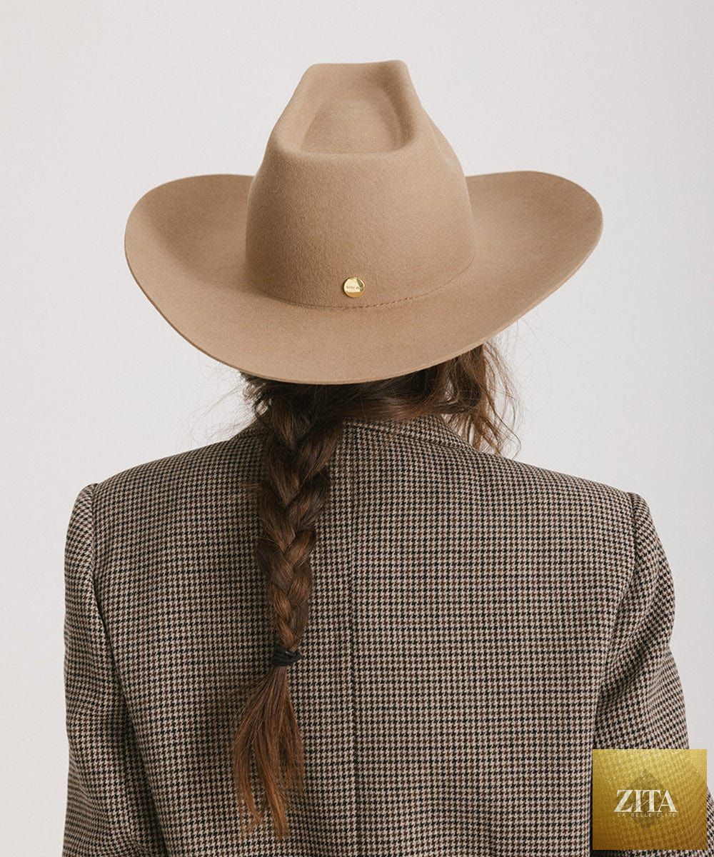 GIGI PIP Lane Cowboy Hat made of felt, brick color with a wide brim and classic western style, shown from a side view.