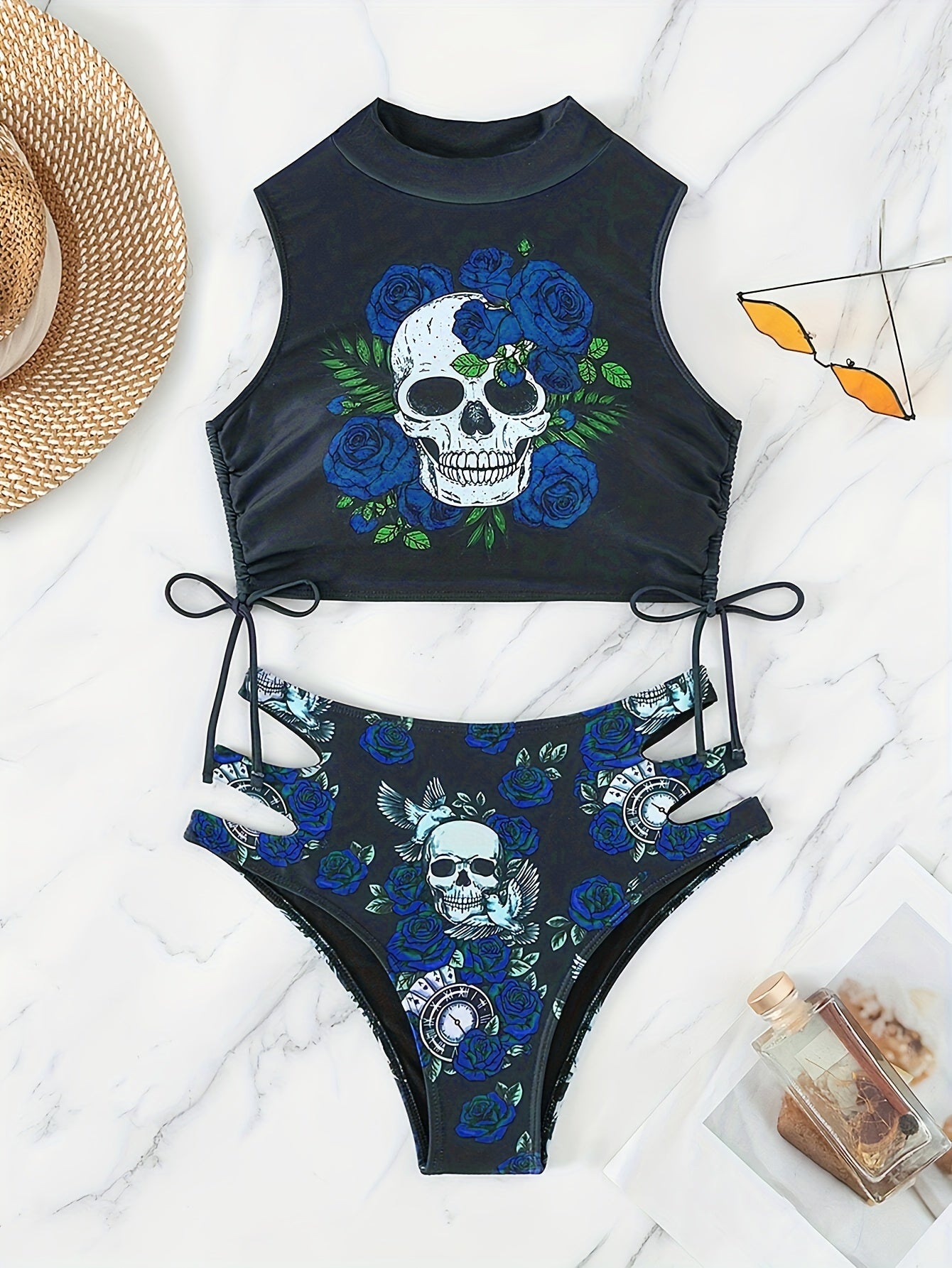 Stevvex bikini set with skull print, floral lace-up design, hollow-out style, crew neck, perfect for beach, festival, or summer.