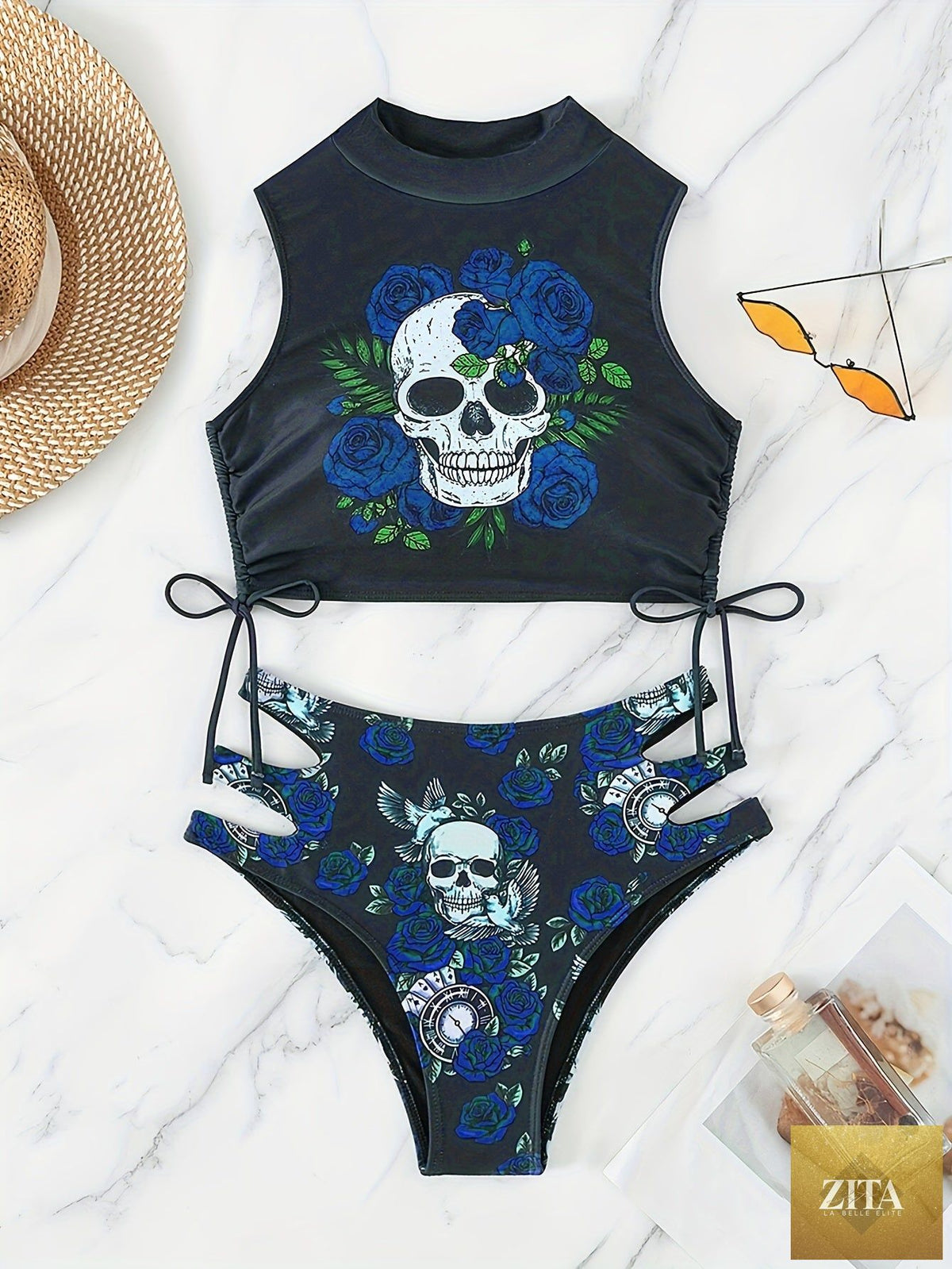 Stevvex bikini set with skull print, floral lace-up design, hollow-out style, crew neck, perfect for beach, festival, or summer.