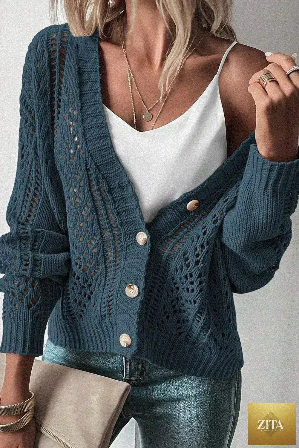 Dark khaki open-knit cardigan sweater with drop shoulders, cotton-acrylic blend, featuring a relaxed fit and textured knit pattern.