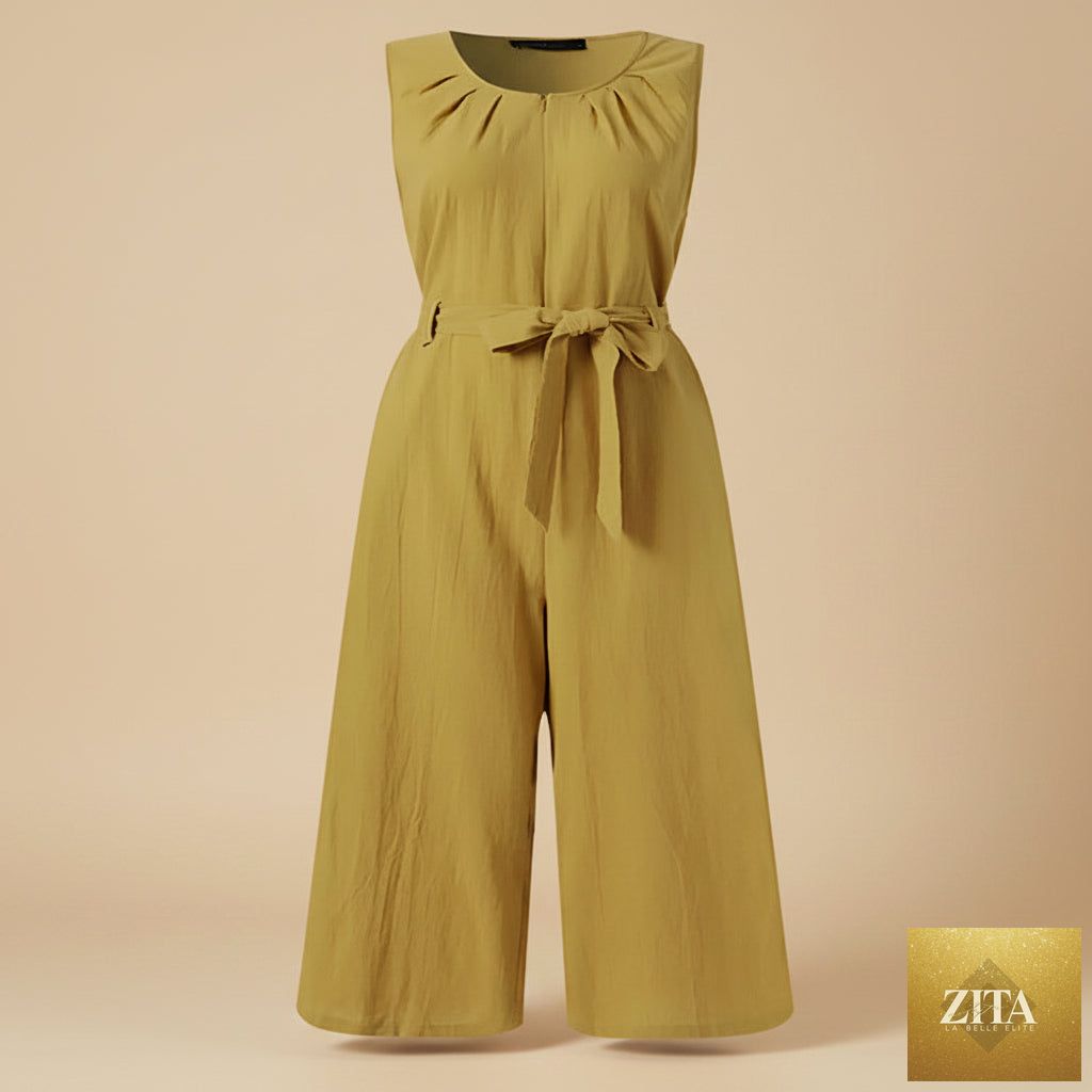 Women's solid-color mid-rise cotton trousers from Zita La Belle Elite, full-length casual wear with a relaxed fit.