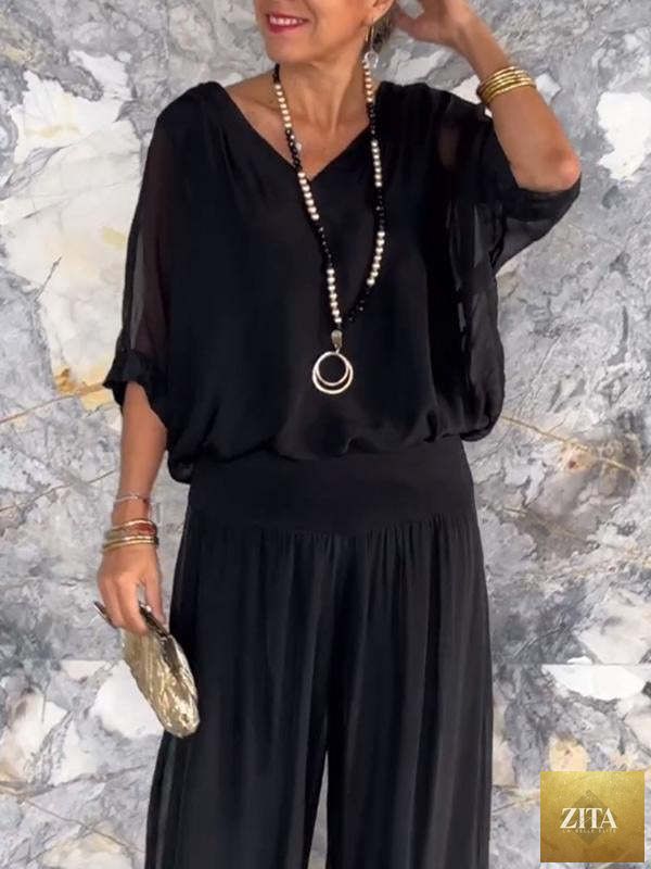 Zita La Belle Elite solid-color chiffon two-piece casualwear set with long sleeves and wide-leg pants in various colors.