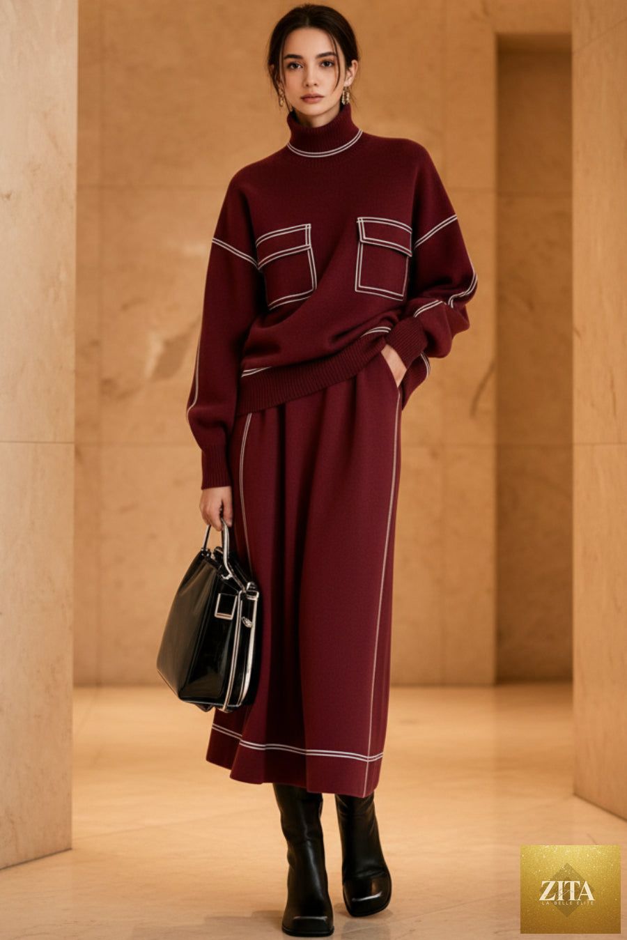 Women's turtleneck balloon-sleeve knit top and A-line midi skirt set by MERIDGE, featuring contrast topstitching and stylish design.