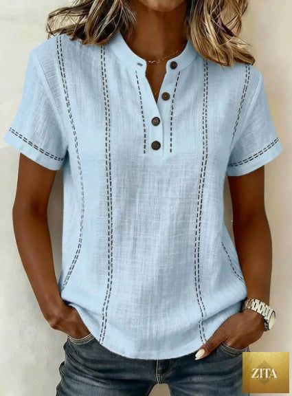 Casual women's summer striped short-sleeve shirt with stand collar, V-neck, and button front, by LadyShow.Store.