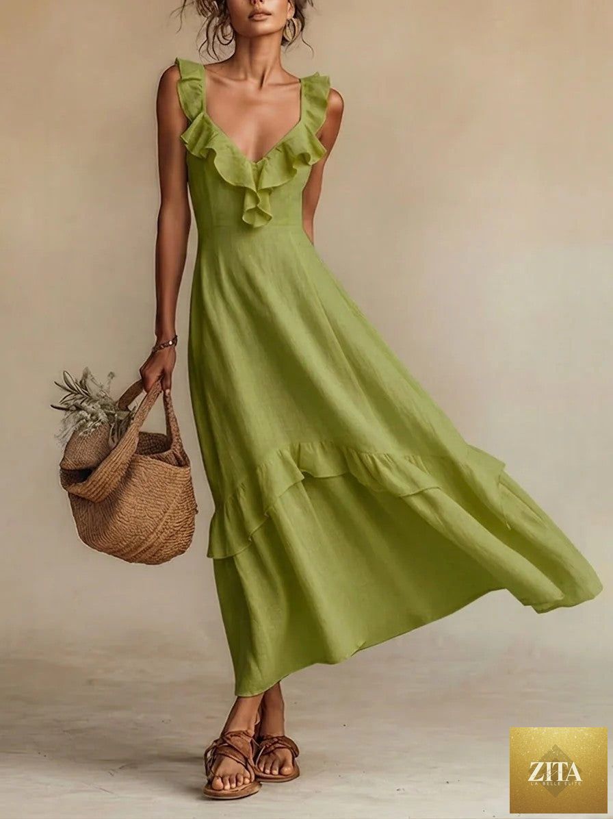 FitiqueFit sleeveless ruffle detail high-waist maxi dress in various colors, casualwear, shown in a stylish, flowing design.