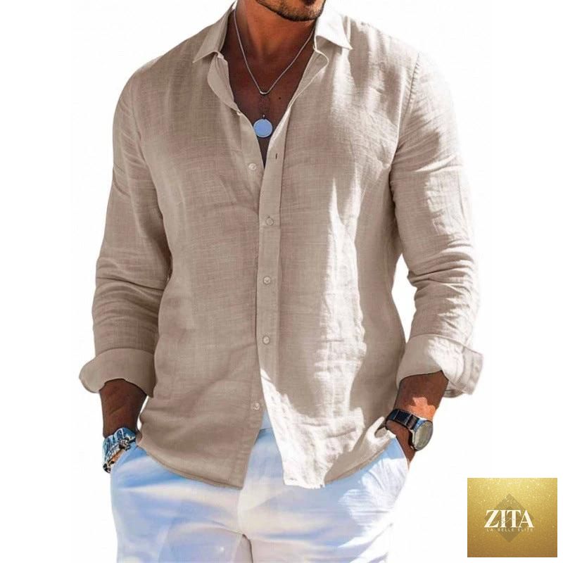 Men's casual long sleeve shirt by MANDOTOS, loose fit with lapel collar, solid color plus size blouse for a comfortable, stylish look.