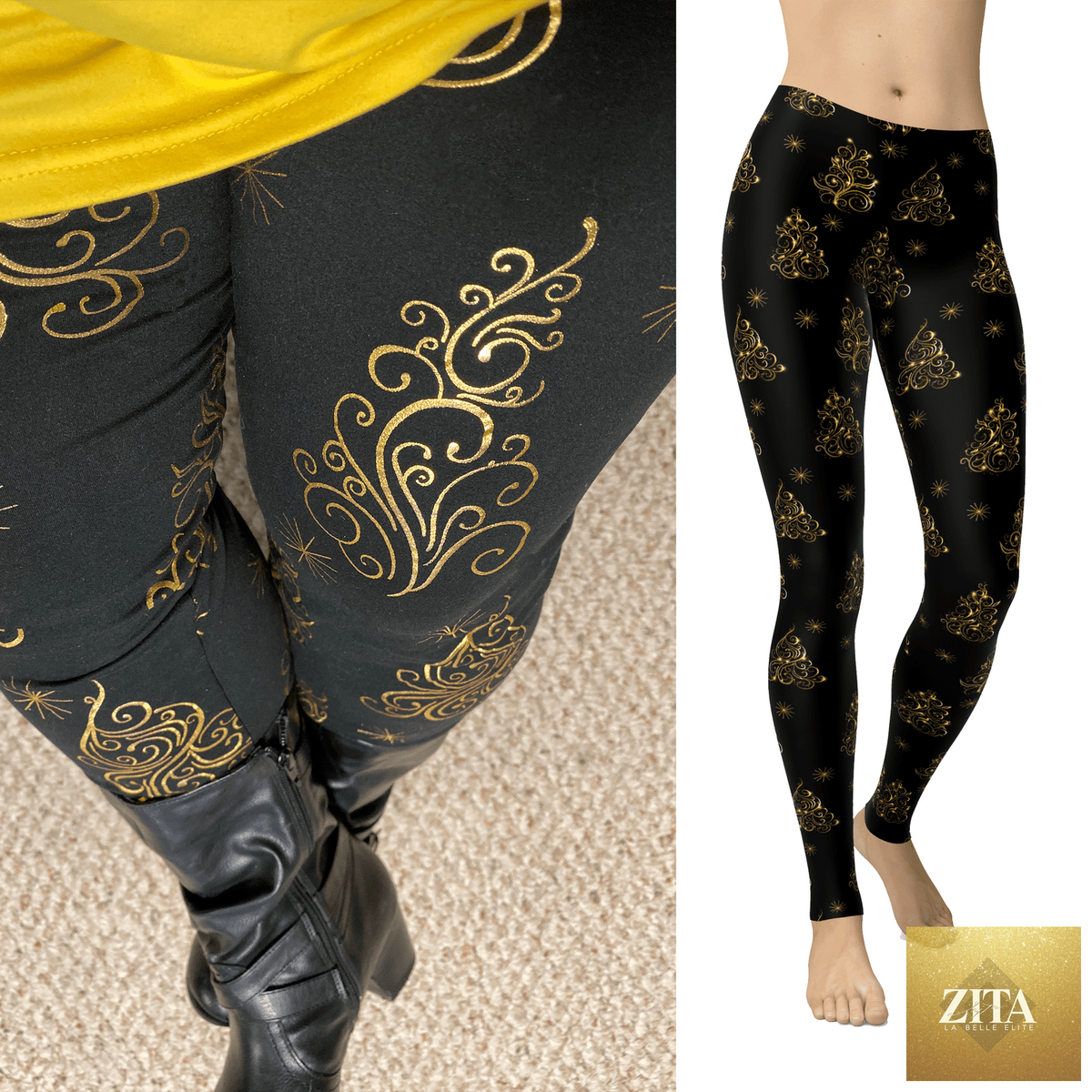 Black and gold Christmas tree leggings with pockets by MM, featuring festive holiday design and comfortable fit.