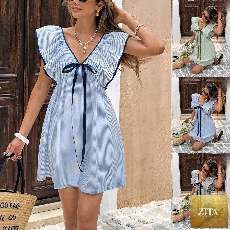 Women's FitiqueFit V-neck ruffle puff sleeve mini dress, flirty summer dress with feminine ruffle details and short length.
