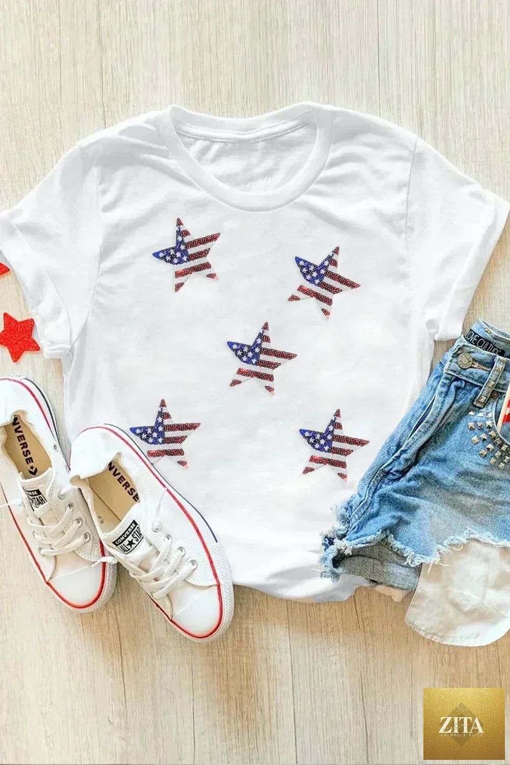 Black sequined American flag star graphic T-shirt by Femstylo featuring a bold patriotic design with sparkling sequins.